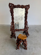 Rustic Elegance Freestanding Floor Mirror in Sculpted Tree Root Burl Frame with Stool