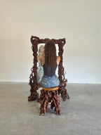 Rustic Elegance Freestanding Floor Mirror in Sculpted Tree Root Burl Frame with Stool