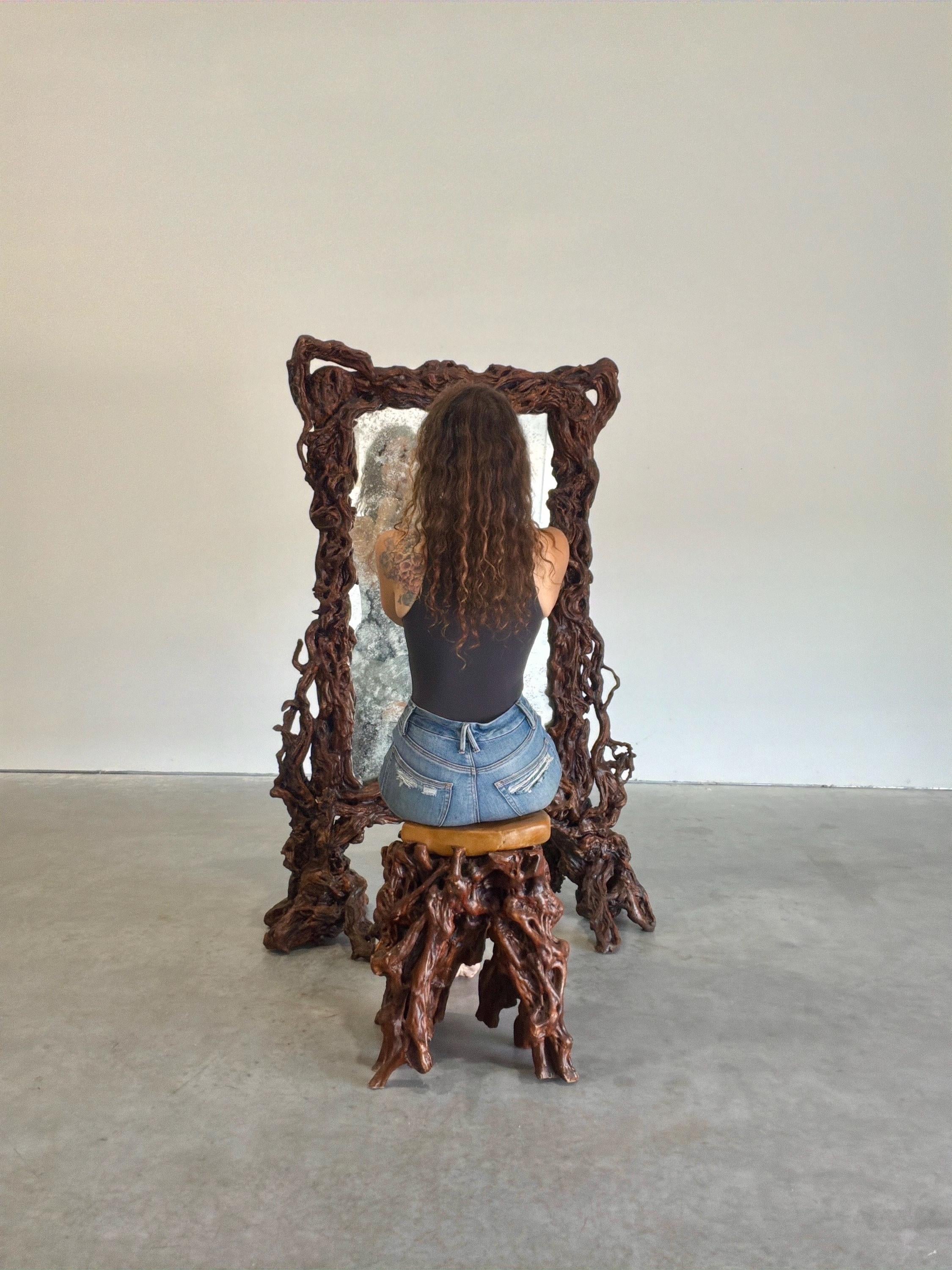 Rustic Elegance Freestanding Floor Mirror in Sculpted Tree Root Burl Frame with Stool