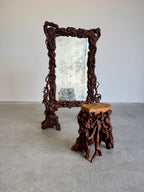 Rustic Elegance Freestanding Floor Mirror in Sculpted Tree Root Burl Frame with Stool