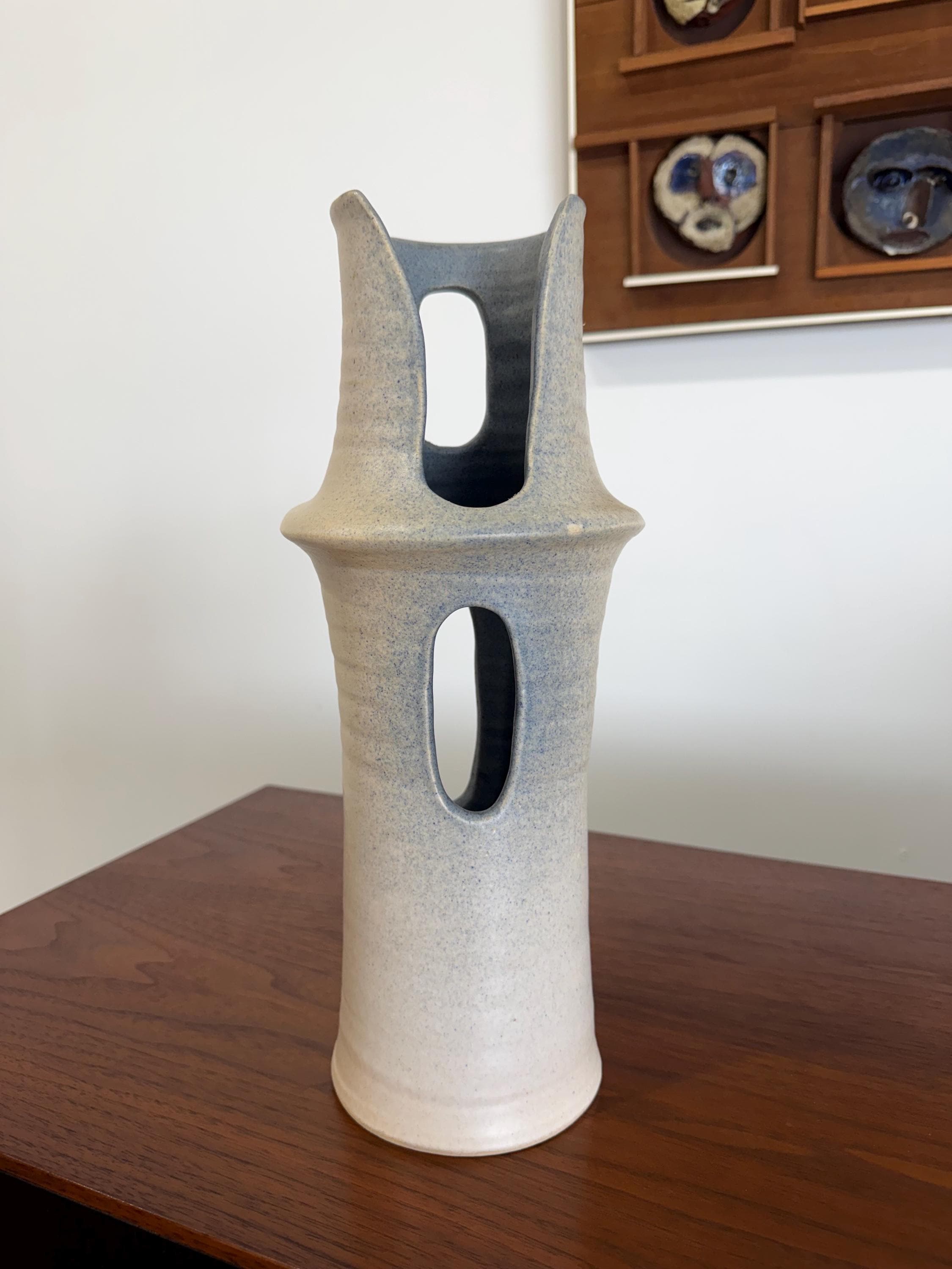 Vintage Modernist Cream and Blue Studio Pottery Vase by Carol Mayer