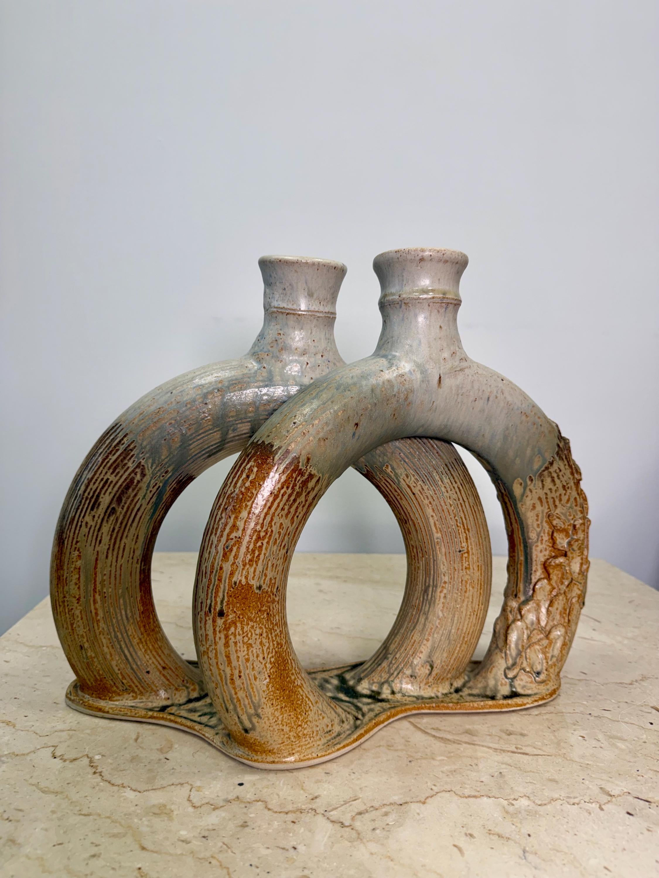 Large Vintage Sculptural Double Loop Studio Pottery Sculpture Vase by Keiko Hergesheimer
