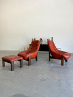 Brazilian Modernist Jean Gillon Chairs and Ottoman set, Leather and Imbuia Wood