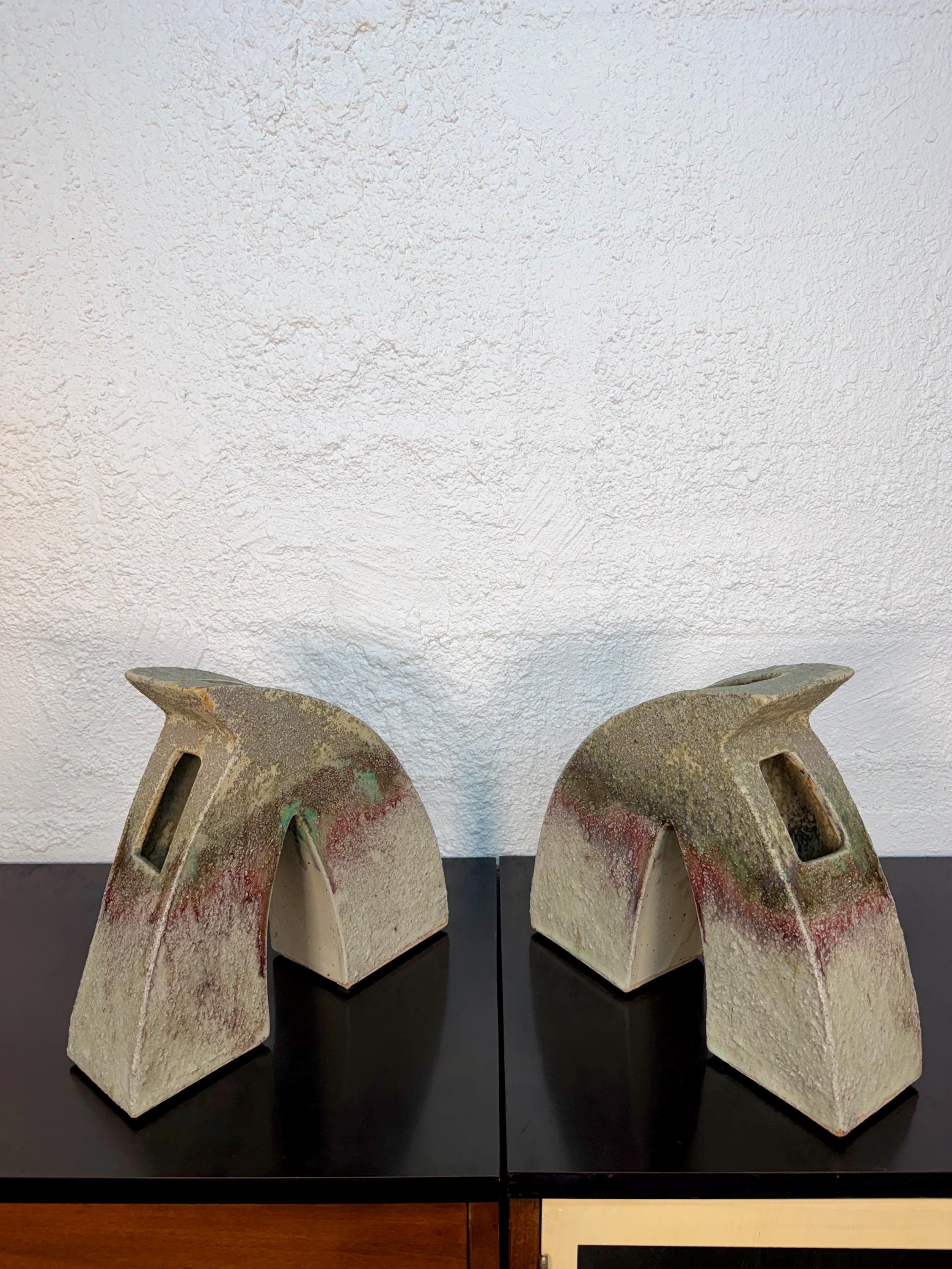 Vintage Sculptural Postmodern Ikebana Studio Pottery Vase Pair by Keiko Hergesheimer