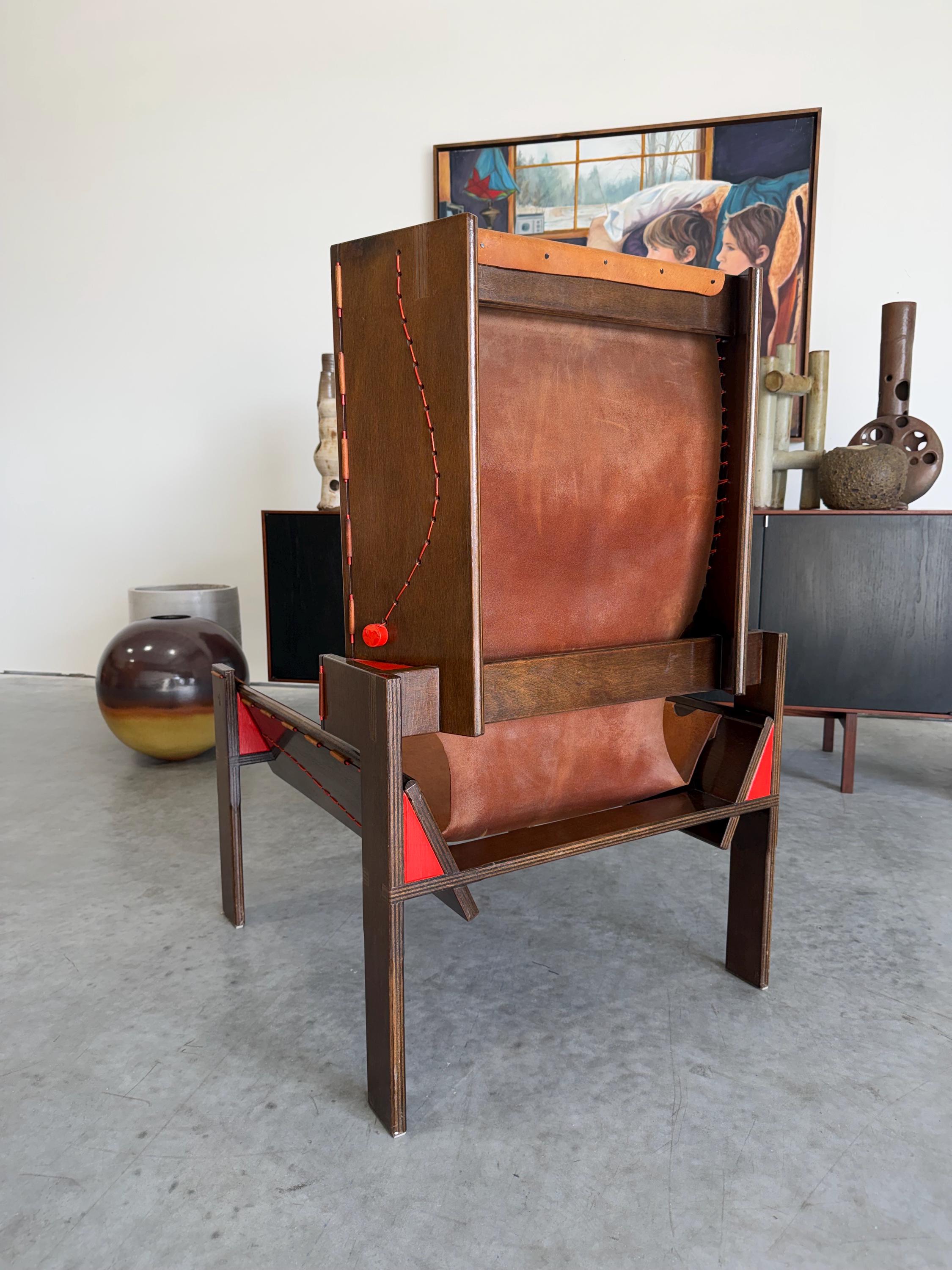Mid Century Modernist Hand Crafted Leather and Wood Shelter Chair, One of a Kind