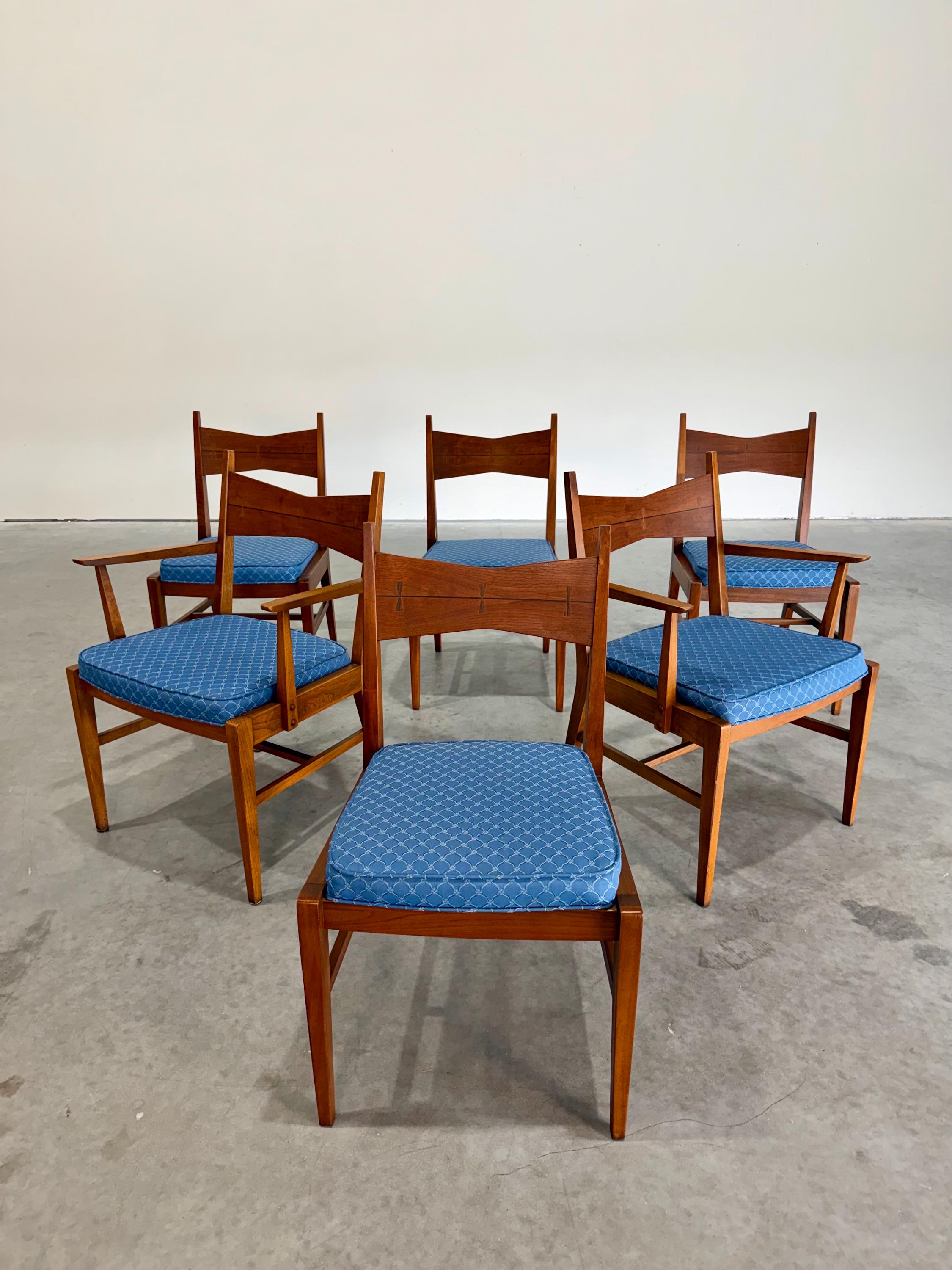 Mid Century Modern Lane Tuxedo Walnut and Rosewood Dining Chairs, Set of 6