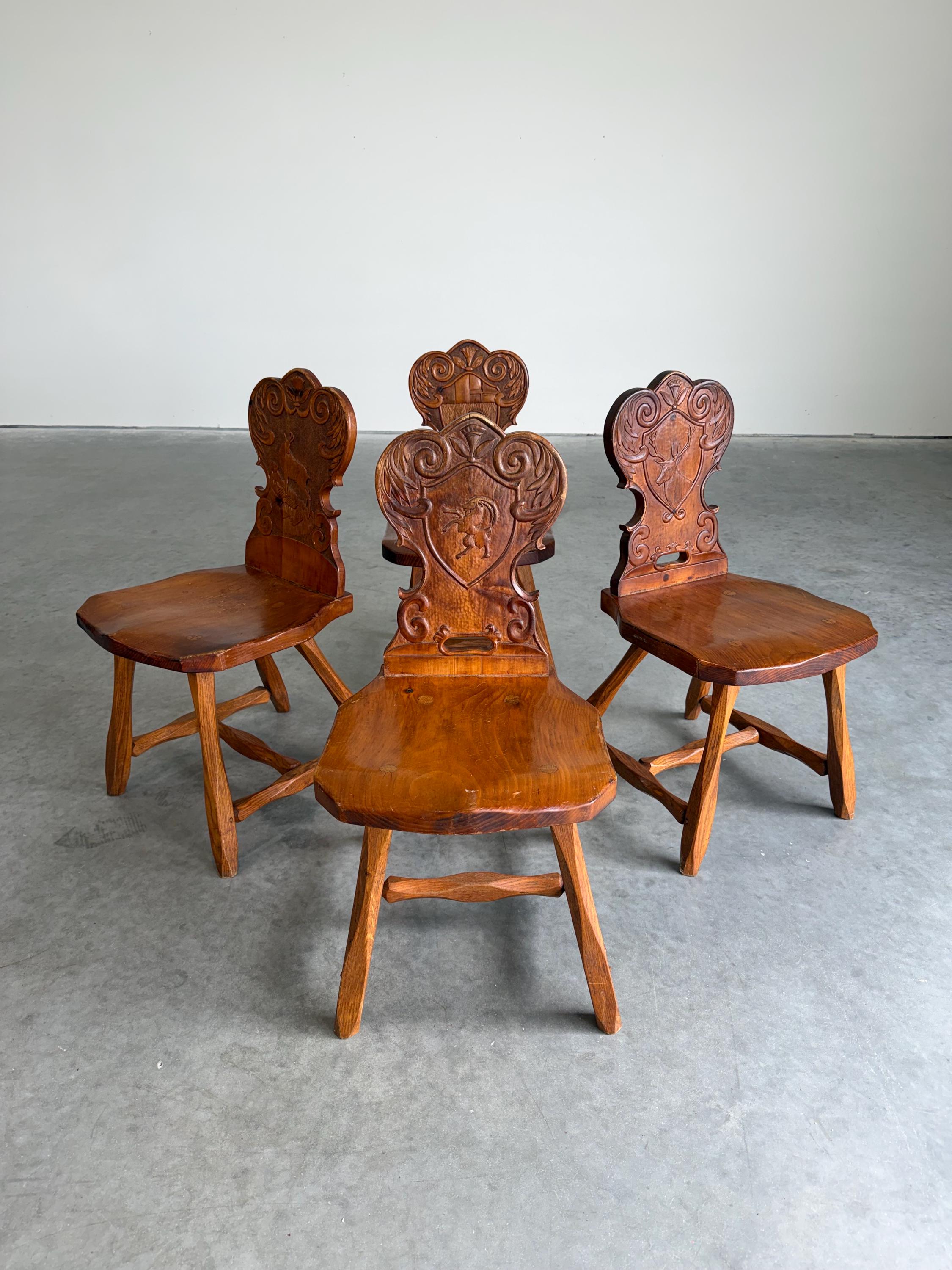 Vintage Brutalist Tyrolean Swiss Alpine Carved Pine Dining Chairs, Set of 4