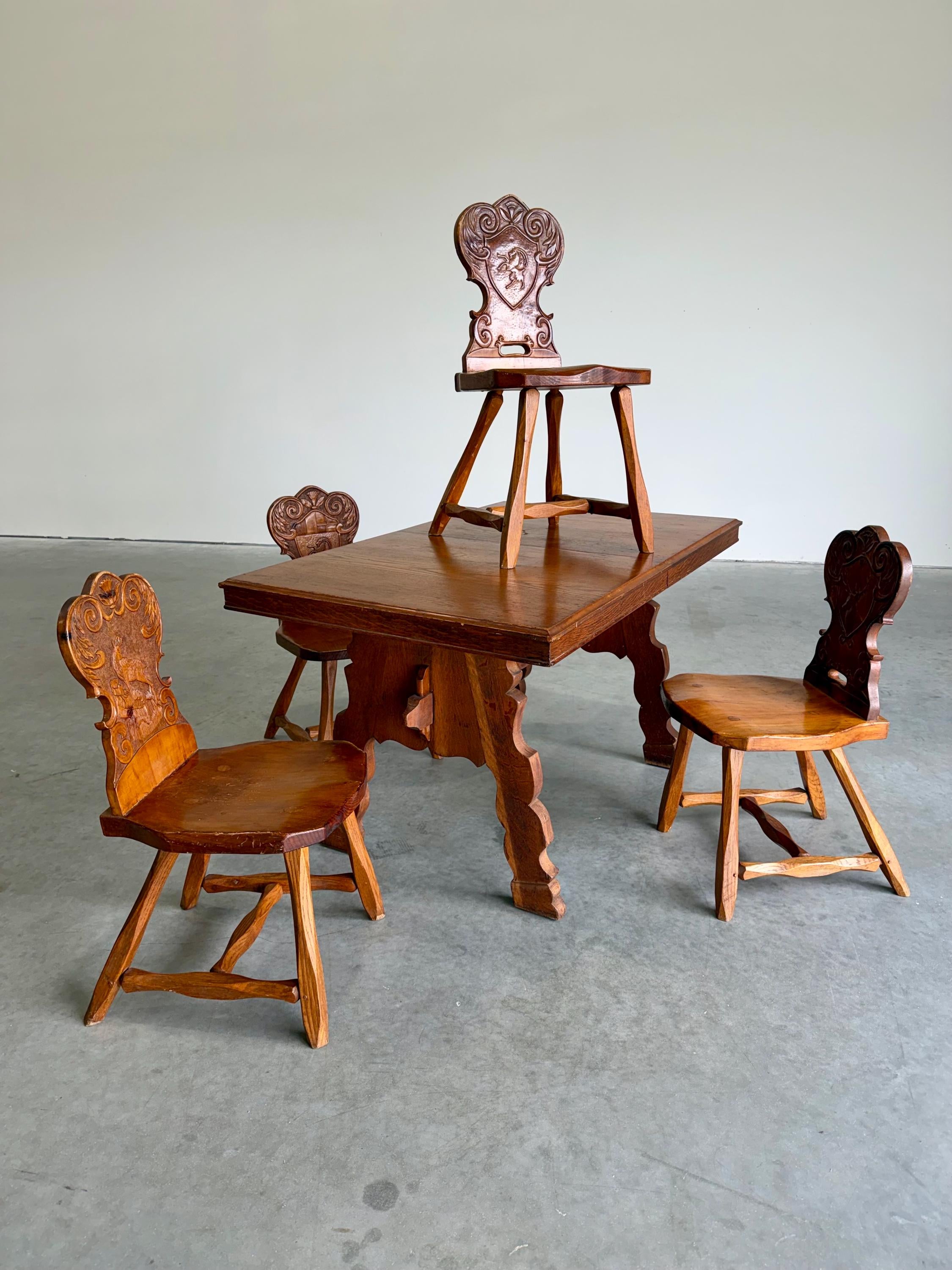 Vintage Brutalist Tyrolean Swiss Alpine Carved Pine Dining Chairs, Set of 4