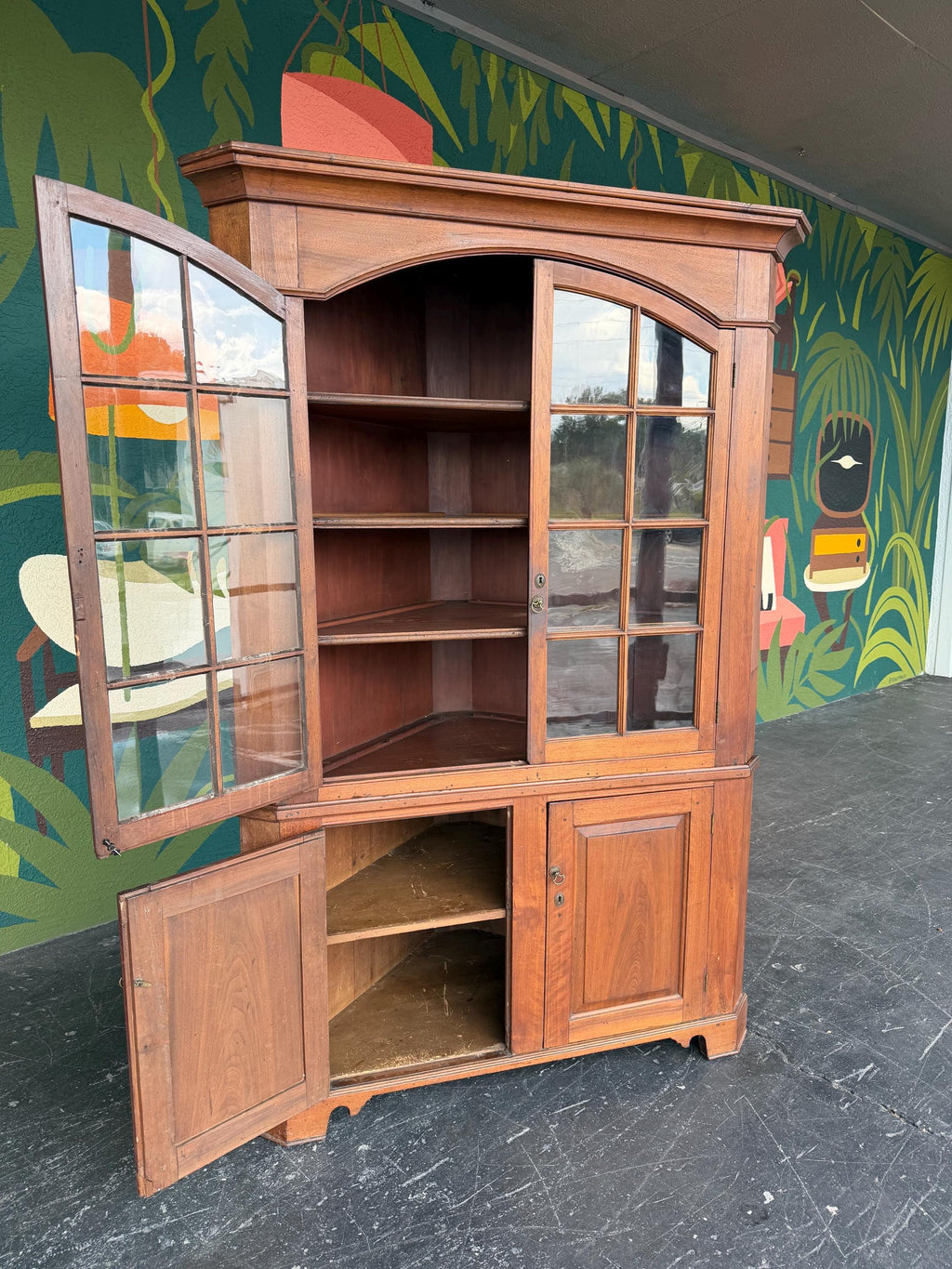 Antique Early American Cherry Wood Glass Door Corner Cabinet