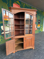 Antique Early American Cherry Wood Glass Door Corner Cabinet