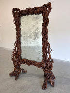 Rustic Elegance Freestanding Floor Mirror in Sculpted Tree Root Burl Frame with Stool