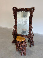 Rustic Elegance Freestanding Floor Mirror in Sculpted Tree Root Burl Frame with Stool