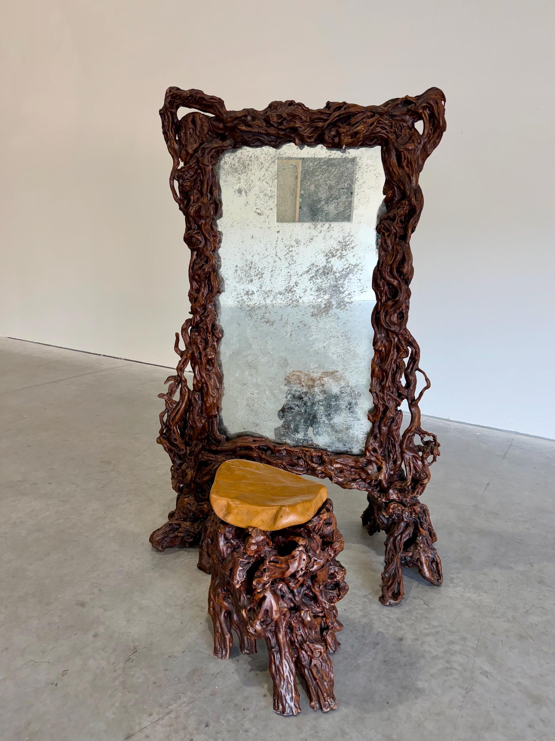 Rustic Elegance Freestanding Floor Mirror in Sculpted Tree Root Burl Frame with Stool