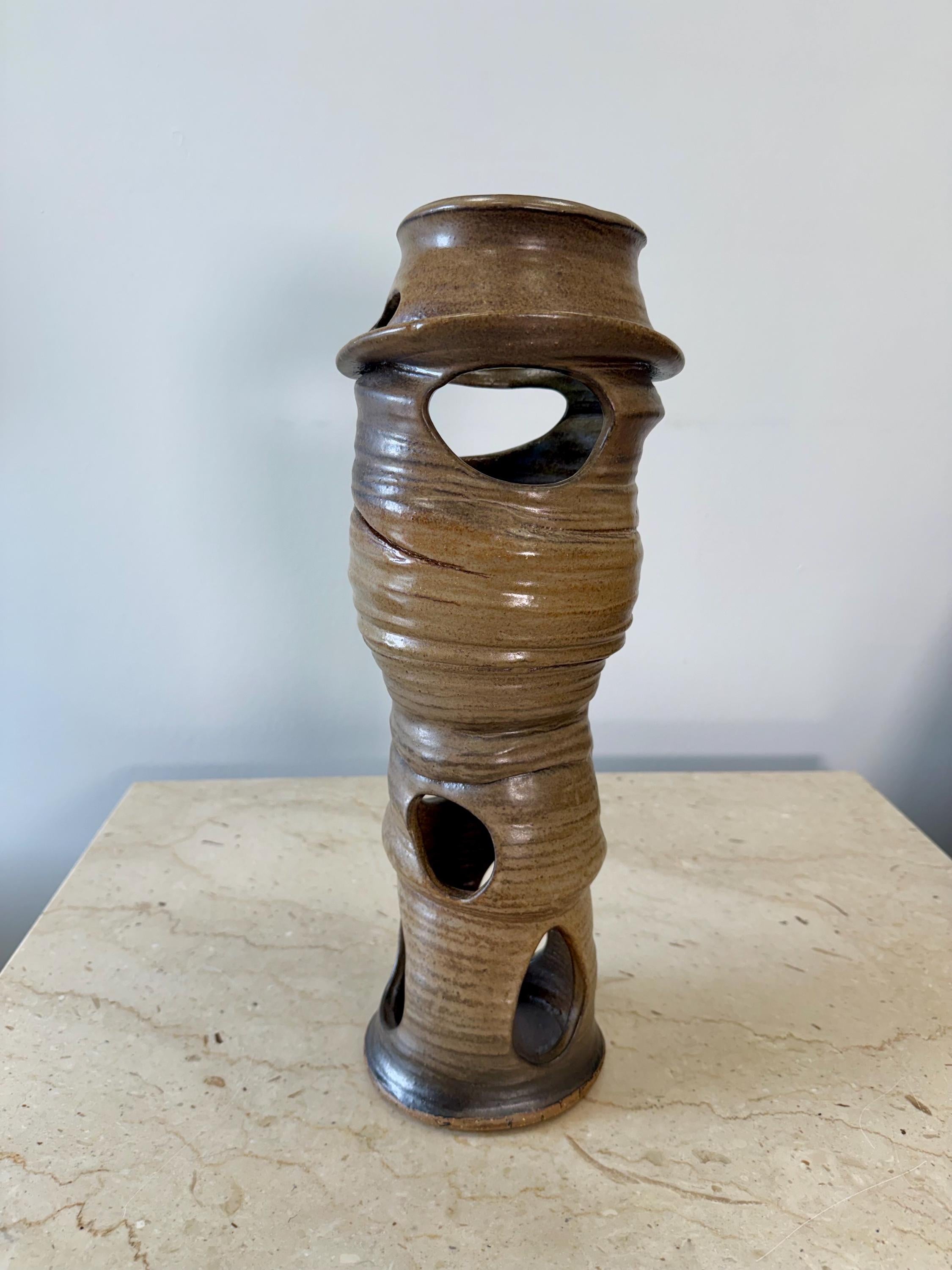 Vintage Brown Modernist Biomorphic Studio Pottery Sculpture Vase by Joanna Price