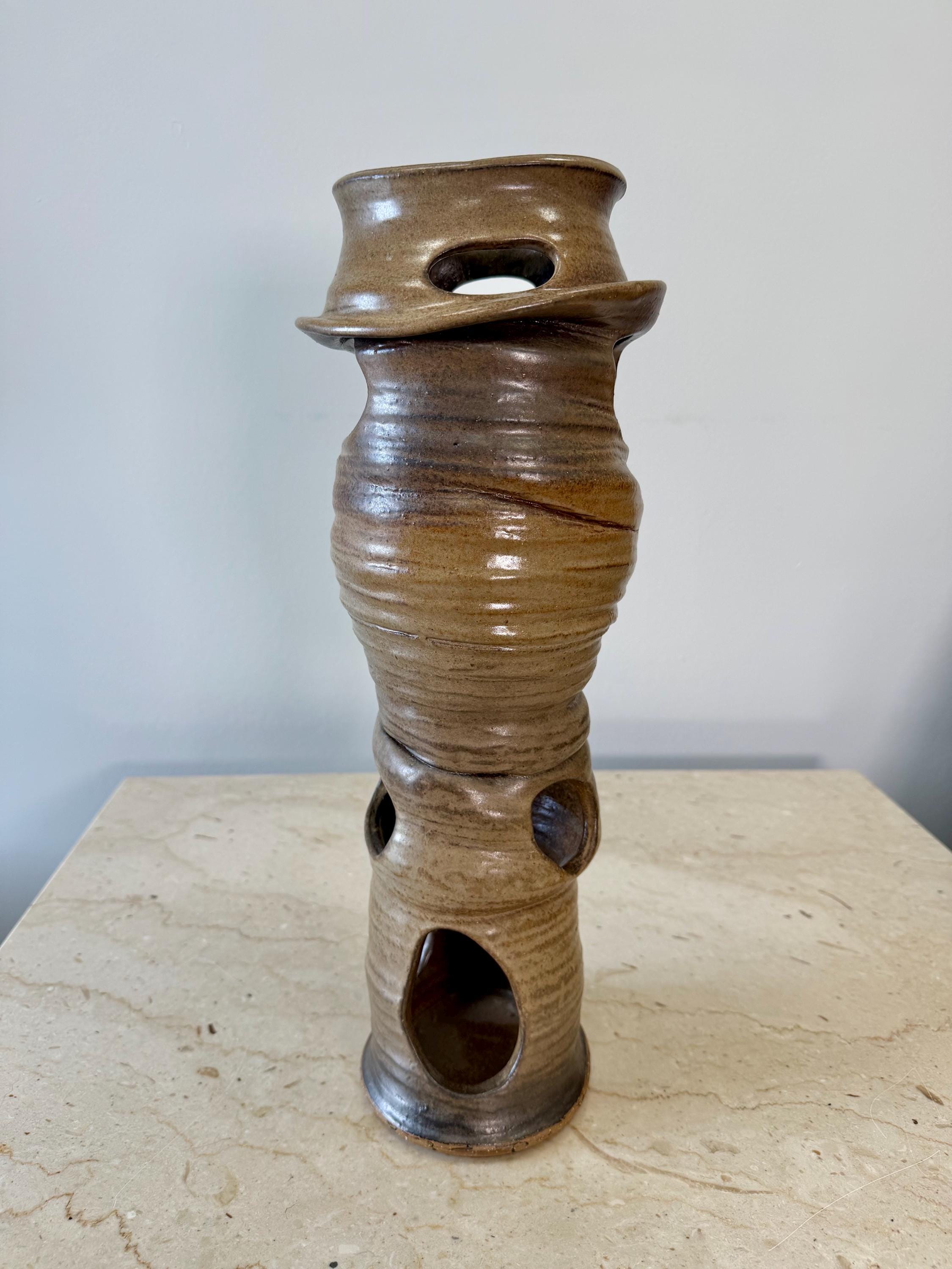 Vintage Brown Modernist Biomorphic Studio Pottery Sculpture Vase by Joanna Price