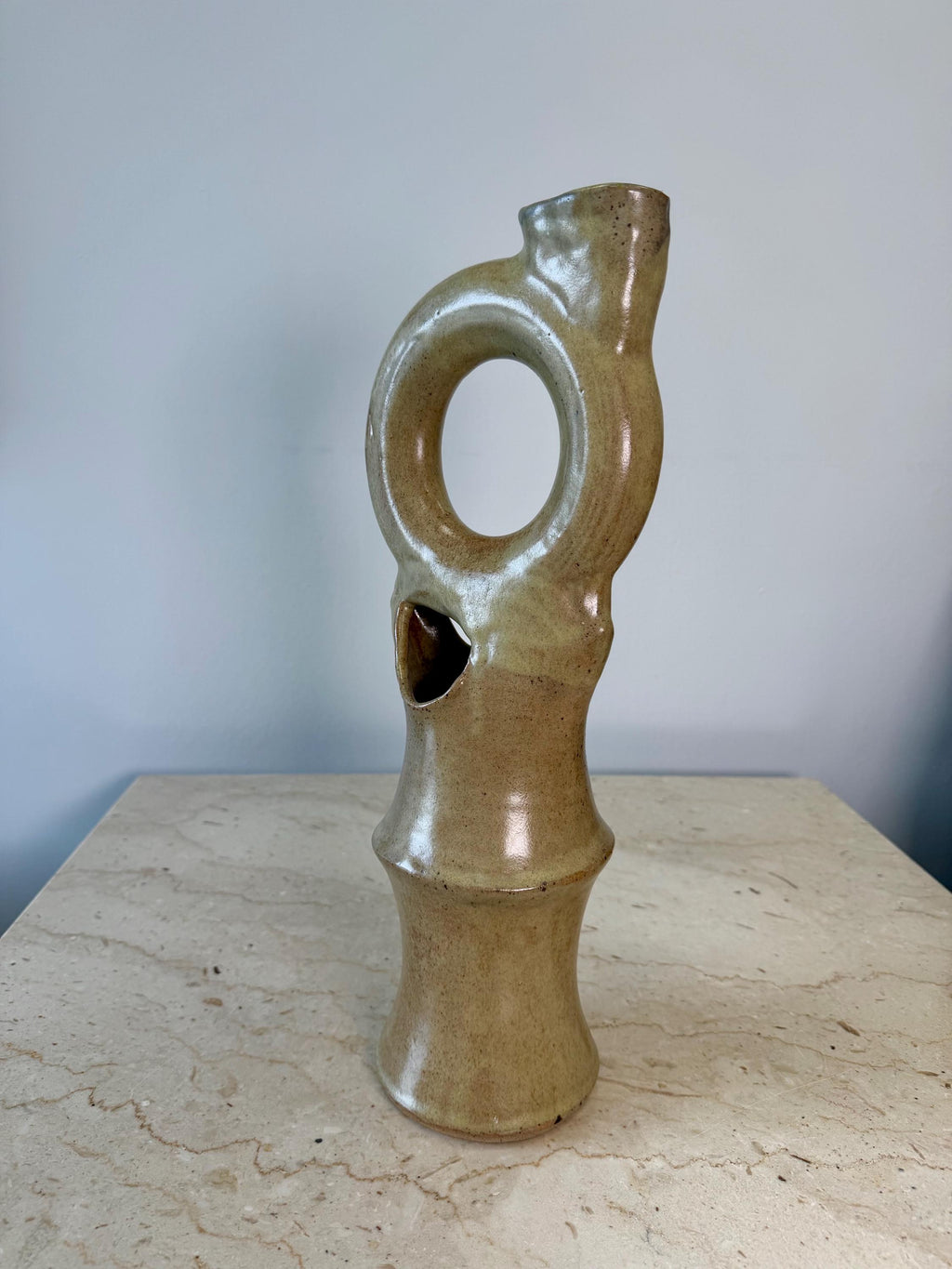 Vintage Tan Modernist Biomorphic Studio Pottery Sculpture Vase signed Sterling