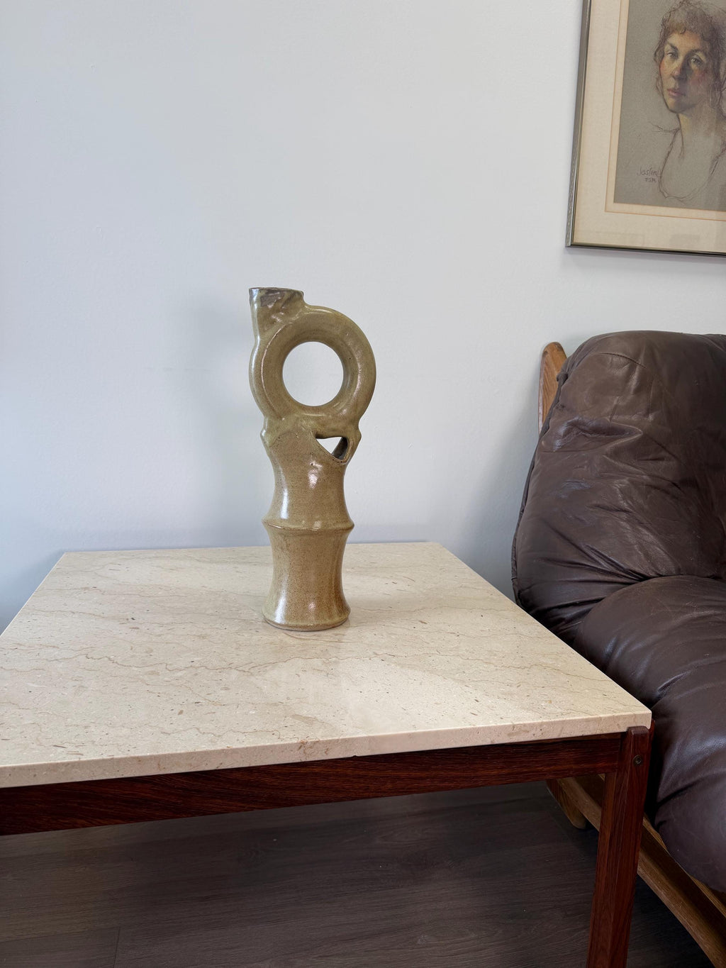 Vintage Tan Modernist Biomorphic Studio Pottery Sculpture Vase signed Sterling