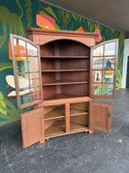 Antique Early American Cherry Wood Glass Door Corner Cabinet