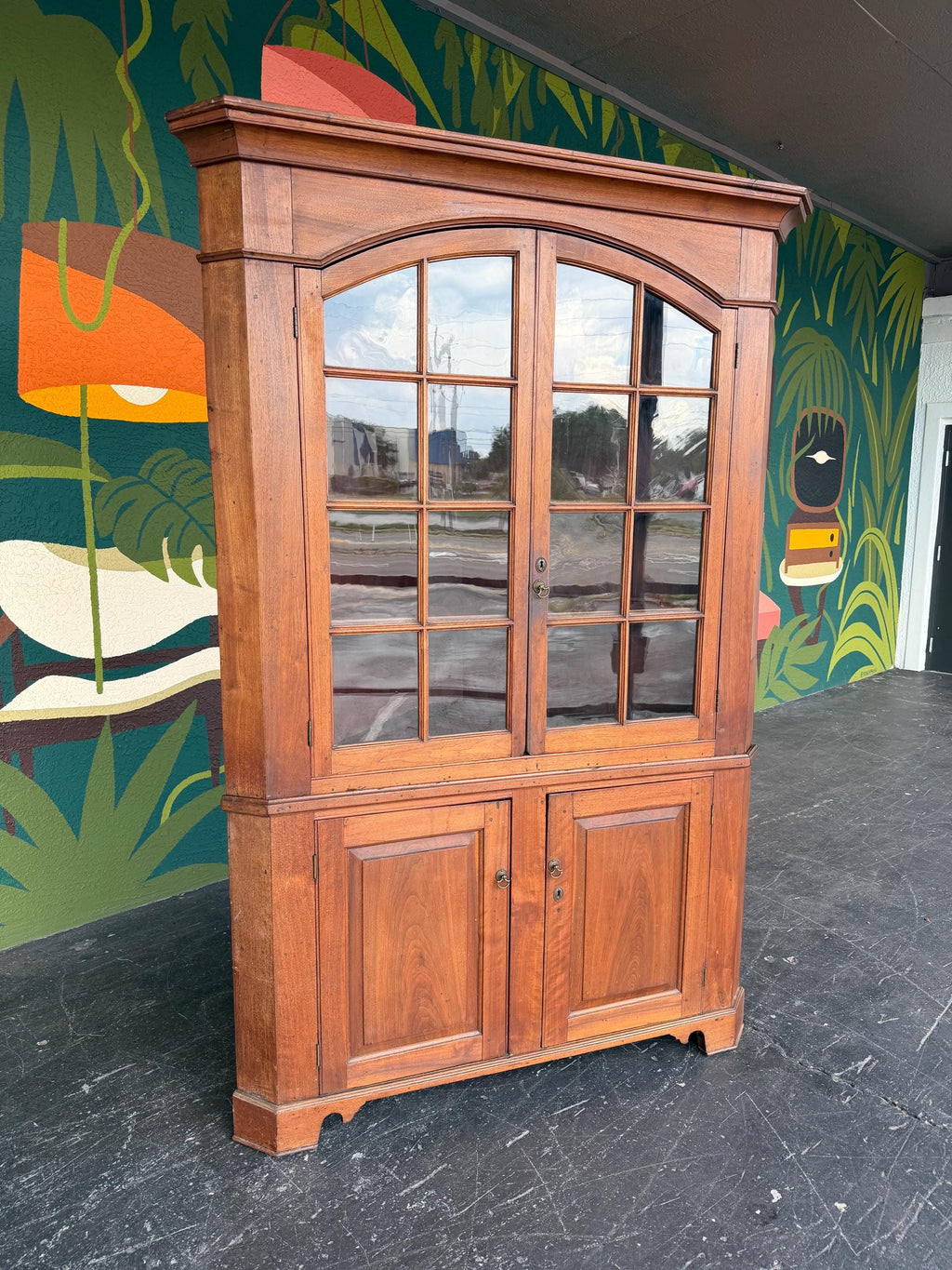 Antique Early American Cherry Wood Glass Door Corner Cabinet