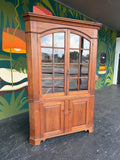 Antique Early American Cherry Wood Glass Door Corner Cabinet