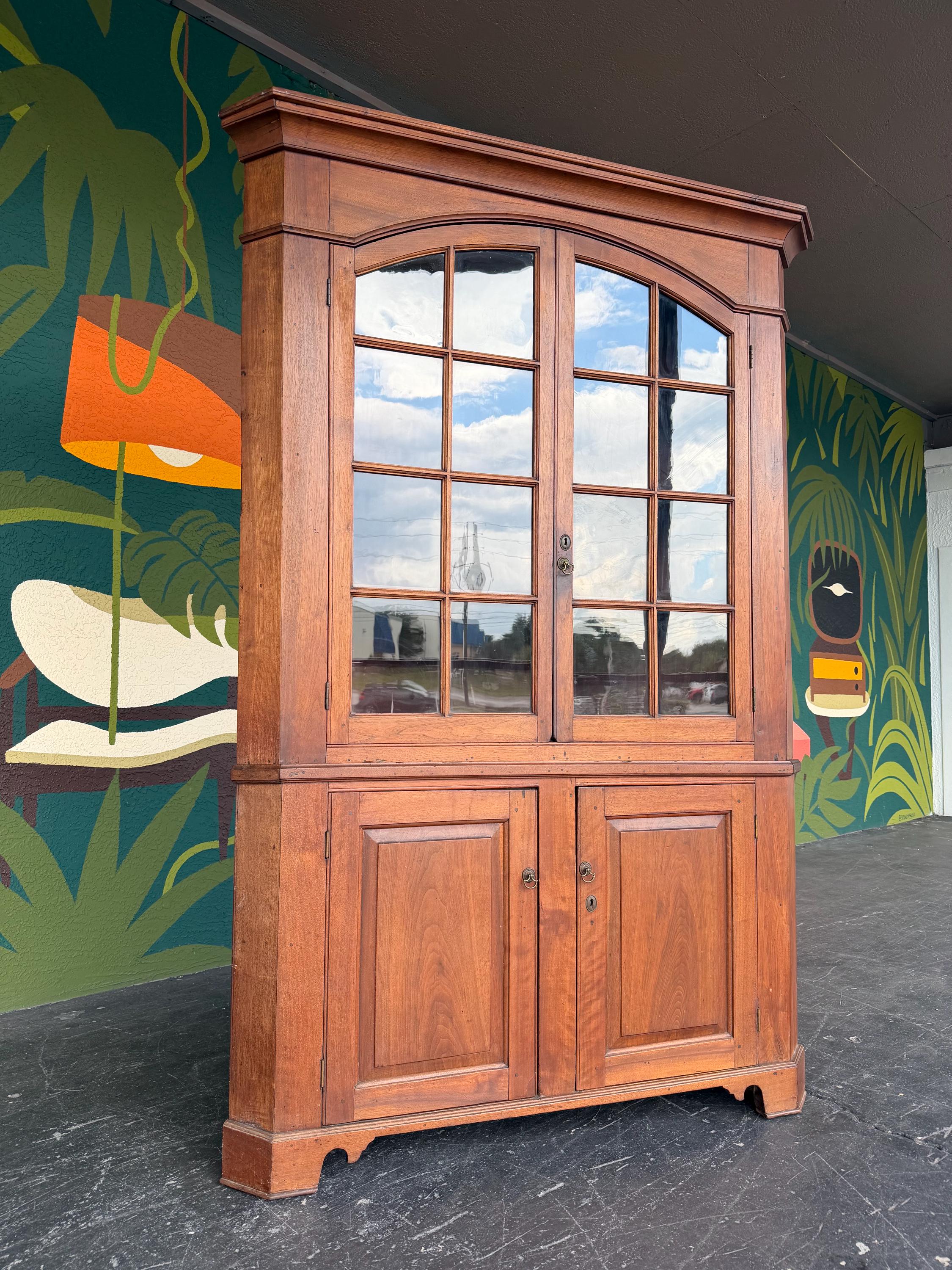 Antique Early American Cherry Wood Glass Door Corner Cabinet